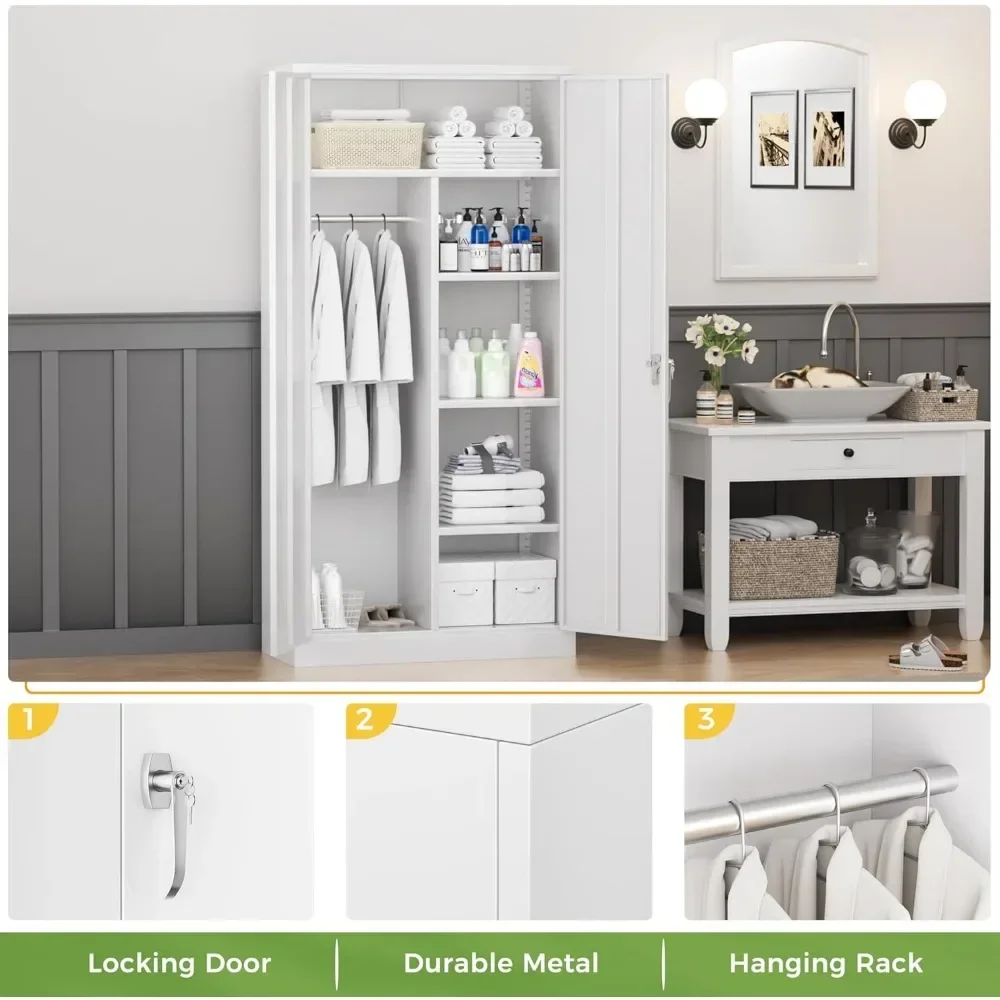 Wardrobe Closet, 72" Armoire Wardrobe Cabinet-Functional Clothes Storage with Hanging Rail, White Storage Cabinet, Metal Cabinet image 4