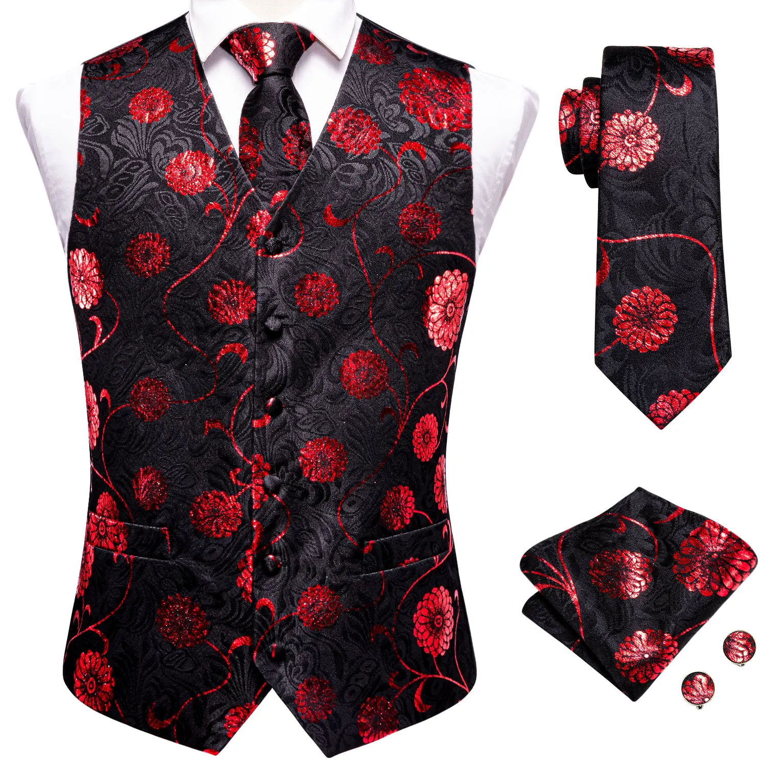 Hi-Tie Silk Mens Vest Tie Hanky Cufflinks Set Jacquard Floral Paisley Waistcoat Sleeveless Jacket Necktie for Male Wedding Work