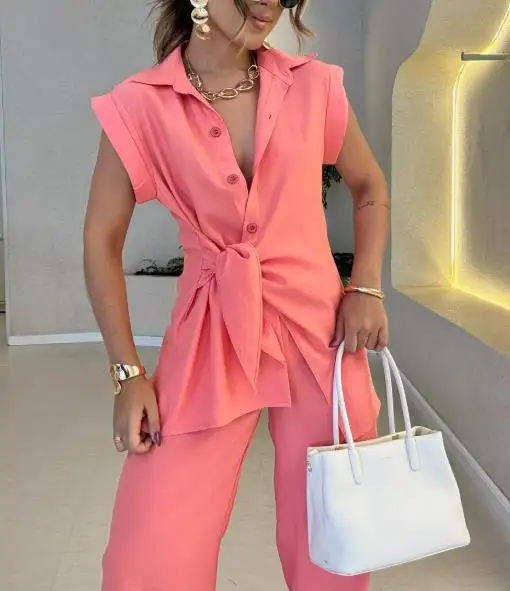 

Trousers Sets Women's Clothing 2025 New Fashion Lace Up Waist Cinched Short Sleeve Shirt High Waist Casual Pants Two-Piece Set