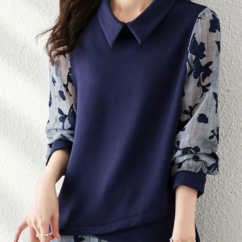 Women\'s Clothing Fake Two Pieces Shirt Casual Printed Spliced Spring Autumn Korean Loose All-match Stylish Asymmetrical Blouse