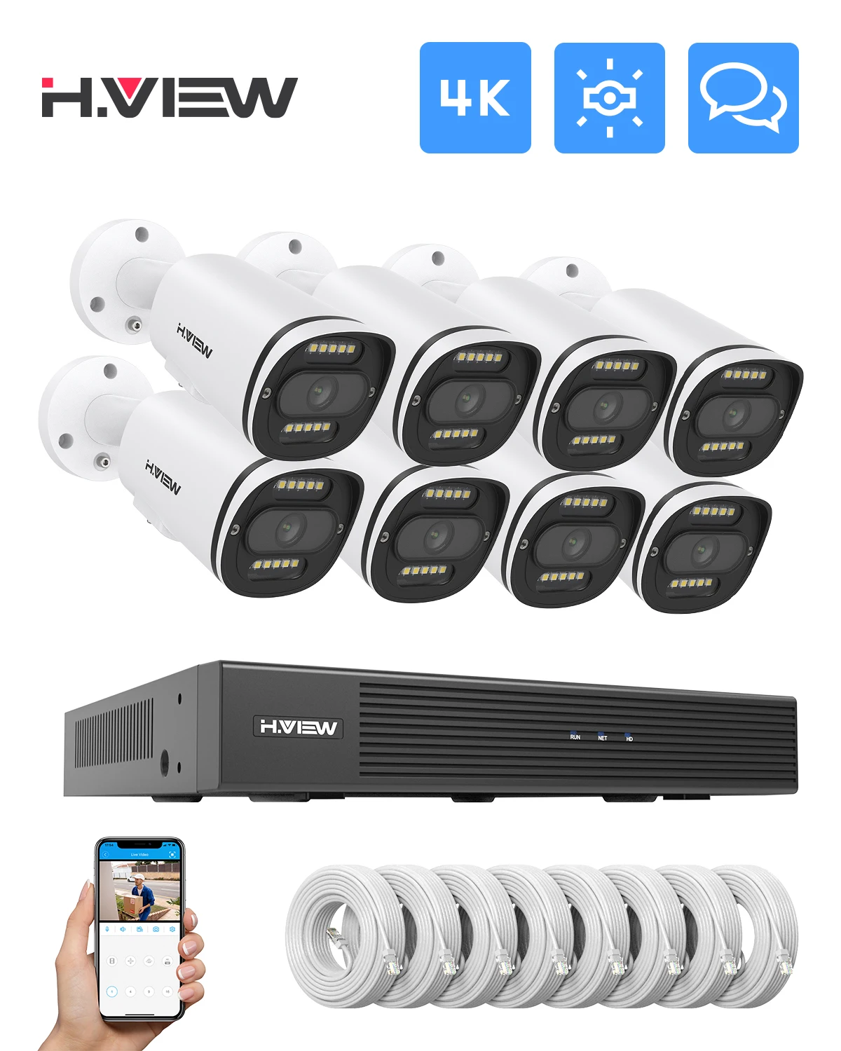 H.View 4K Full Color Night Vision CCTV Security System Video Surveillance Kit 8MP Poe Ip Camera Set 8CH  Audio Record Nvr
