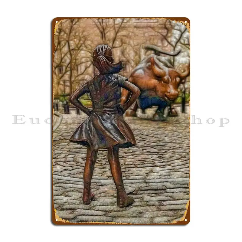 Fearless Girl And Wall Street Bull Statue New York Metal Signs Cinema Garage Bar Printed Bar Tin Sign Poster