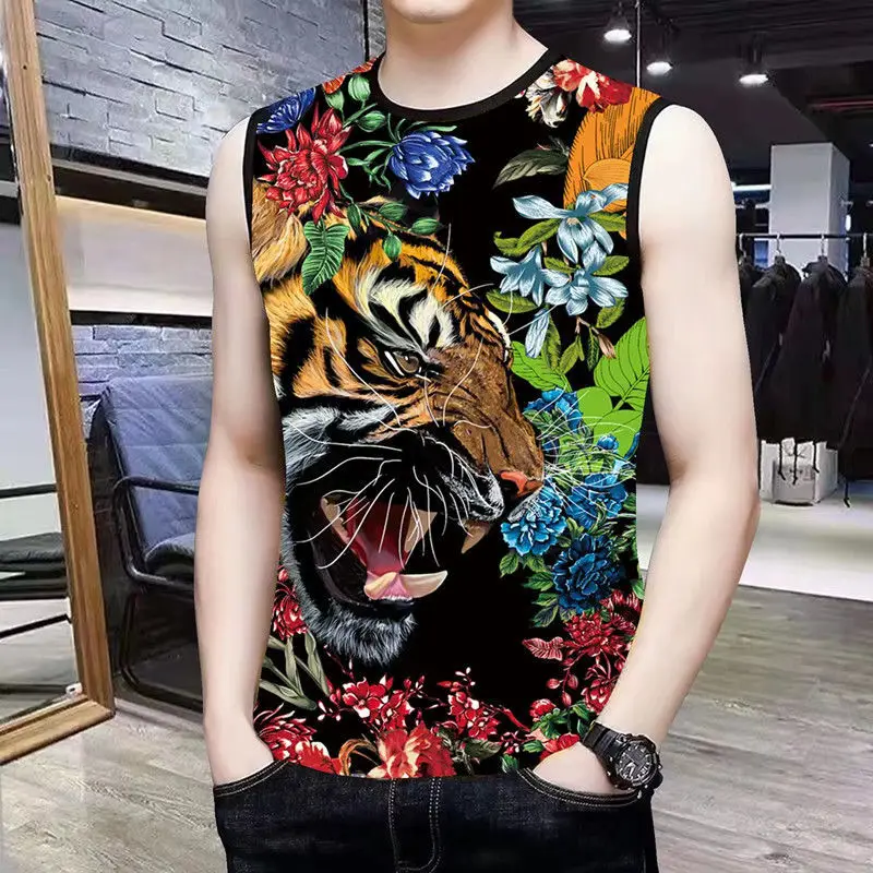 2022 Zomer Nieuwe Heren Vest Casual Tijger Pak, trendy 3D Bloem Tijger Print Mouwloos T-shirt Vijf-Point Broek 2-Delige Set