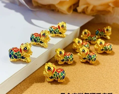 

24k pure gold lion charms 999 real gold enamel lions colorful charms fine gold lion dance charms