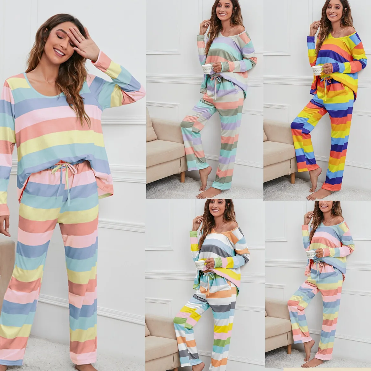 

New Autumn Winter Women's Casual Striped Print Large Size Home Clothes Set Comfortable Long Sve round Ne Other Material