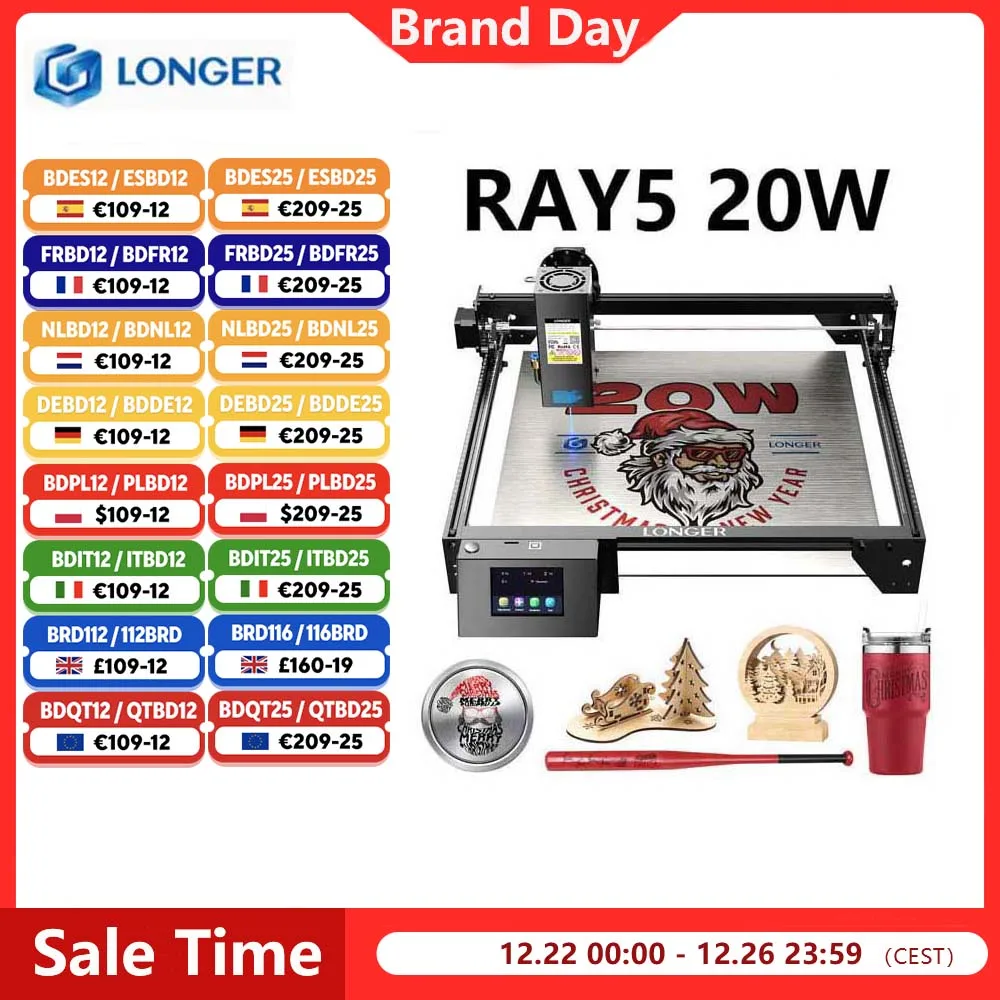 LONGER RAY5 20W graveur Laser écran tactile 32 bits jeu de puces WIFI 0.08*0.1mm Laser gravure par points Machine de découpe zone 375*375mm