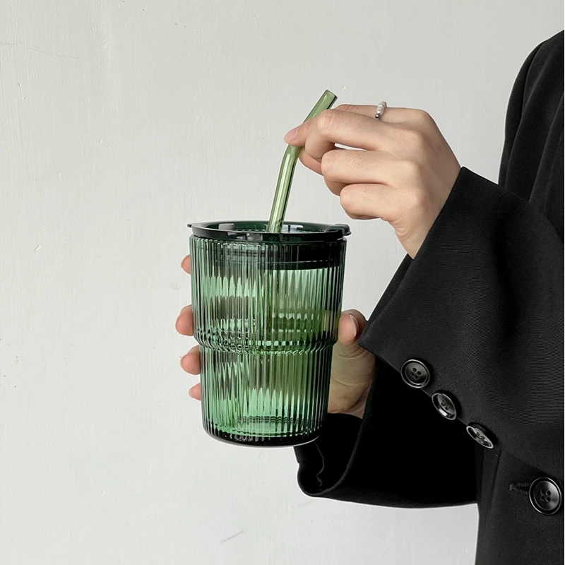 Green Retro Striped Straw Glass Portable Water Cup Juice Cup Coffee Cup Large Capacity Cup With Lid And Straw Office Home Tools