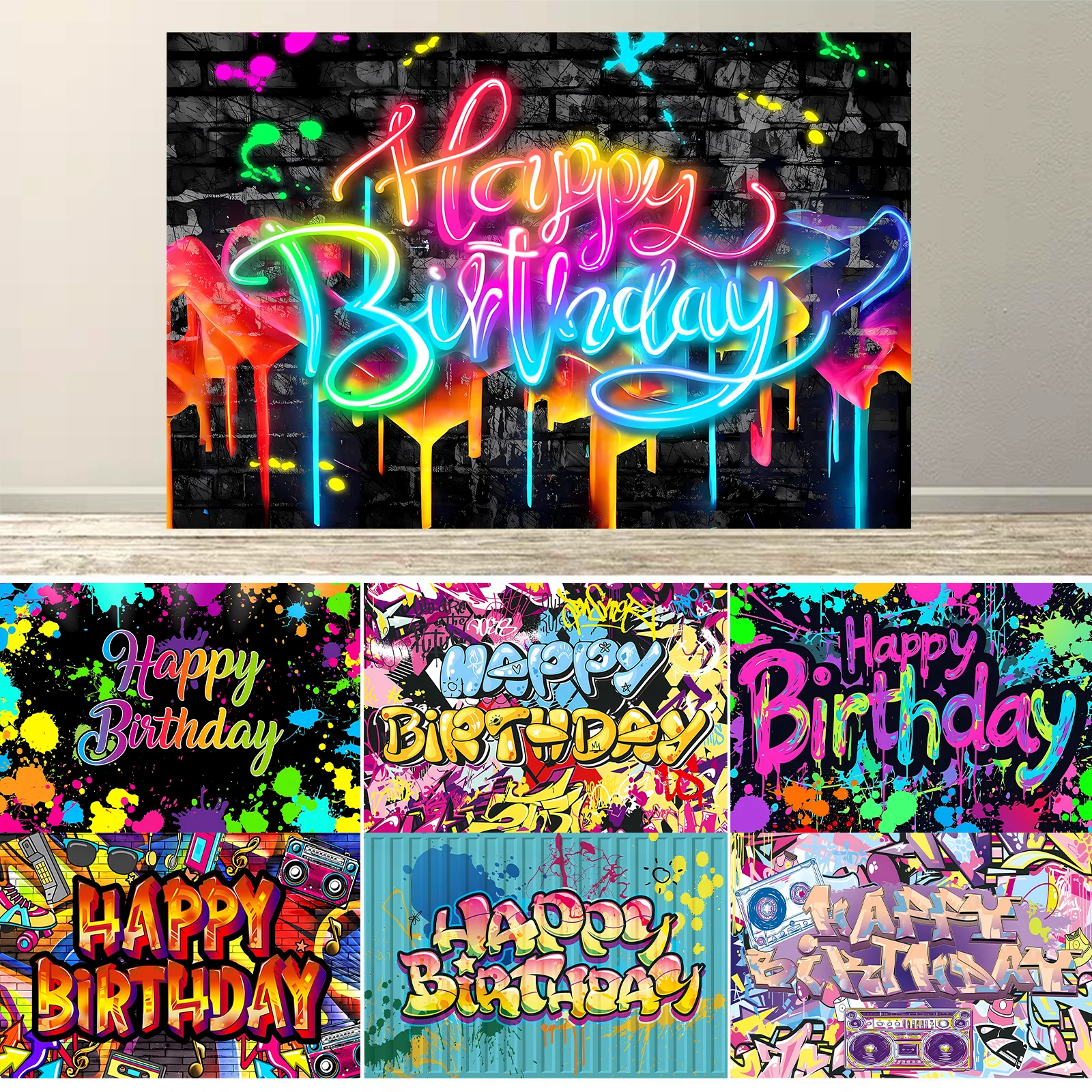 

Happy Birthday Neon Graffiti Banner. Polyester Party Photography Background Suitable For Photo Booth Hip Hop Theme Decoration