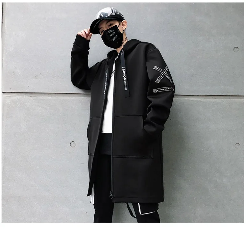 

Men Trench Coat Fashion Printed Streetwear Hooded Windbreaker Slim Fit Overcoat Outwear