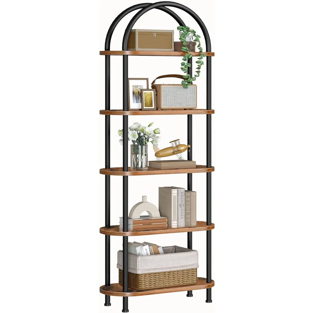 

5 Tier Open Bookshelf, Industrial Arched Bookcase Display Shelf Racks, Wooden Bookcase Storage Shelves Metal Frame