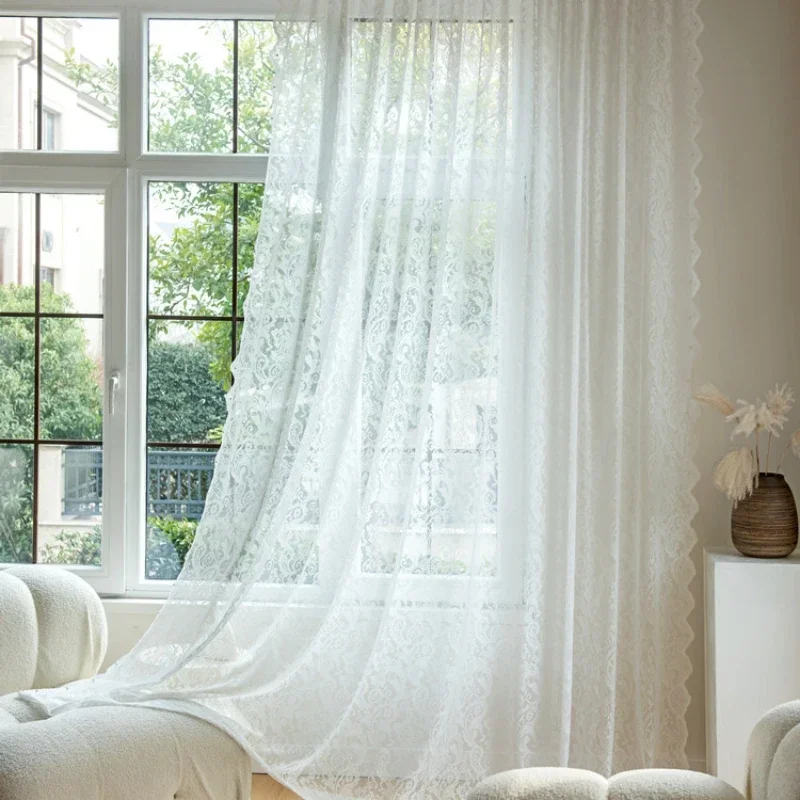 French Retro Transparent and Opaque Lace Studded Bead Gauze Curtain, Bedroom, Living Room, Balcony, Window Screen