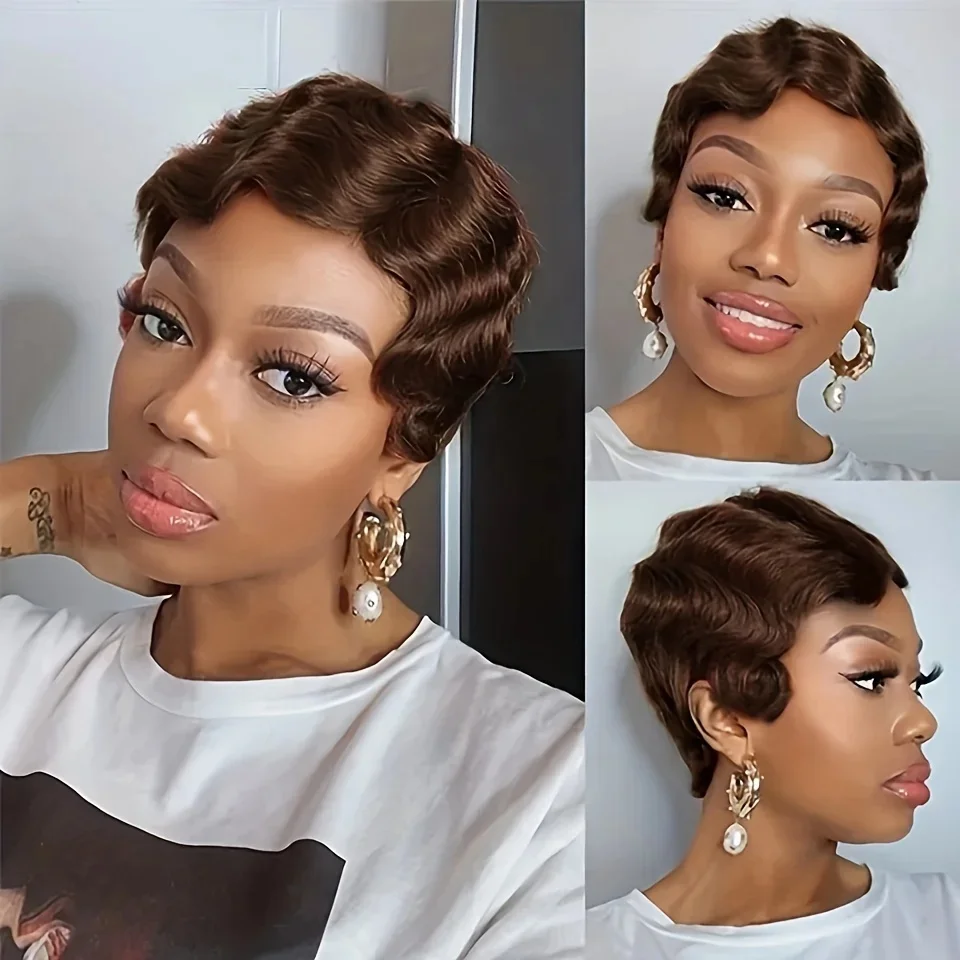 

Short Wavy Wig Full Machine Made Curly Wig for Women Short Pixie Cut Wigs Human Hair Wig For Women