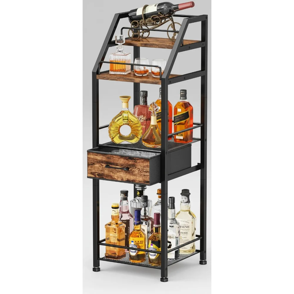 

4-Tier Stepped Wine Rack with Fabric Drawer - Freestanding Liquor Cabinet for Home Bar, Kitchen & Living Room