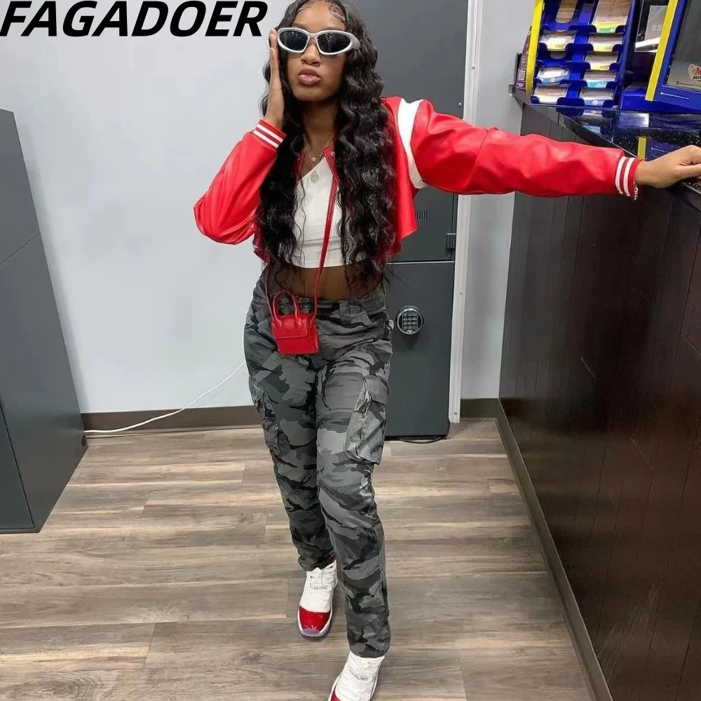 FAGADOER Fashion Camouflage Printing Cargo Pants Women High Waist Pocket Straight Trousers Autumn Casual Sporty Matching Bottoms