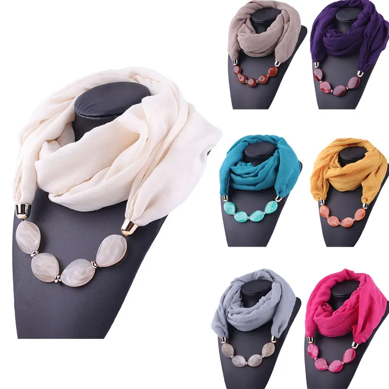 Solid Jewelry Beaded Pendants Necklace Scarf Head Scarves Women Ethnic Cotton Linen Muslim Hijab Scarves Wraps Foulard Femme