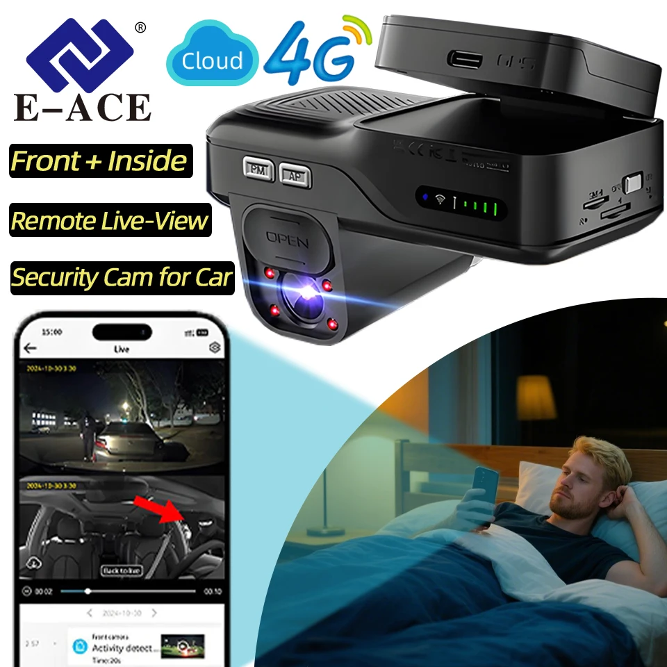 E-ACE 4G LTE Dash Cam with Front & Rear Cameras, GPS, Night Vision