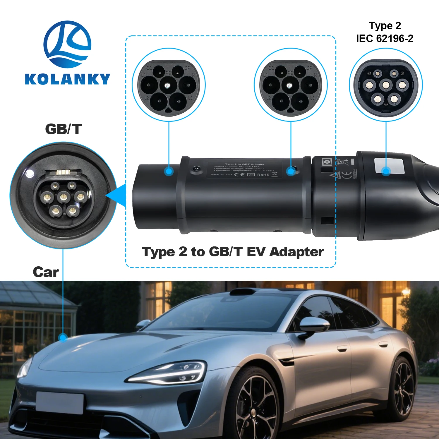 

Kolanky 32A 7,2 кВт 22 кВт адаптер типа 2 к Gbt домашний зарядный конвертер для GBT Китай электромобиль гибридные автомобили
