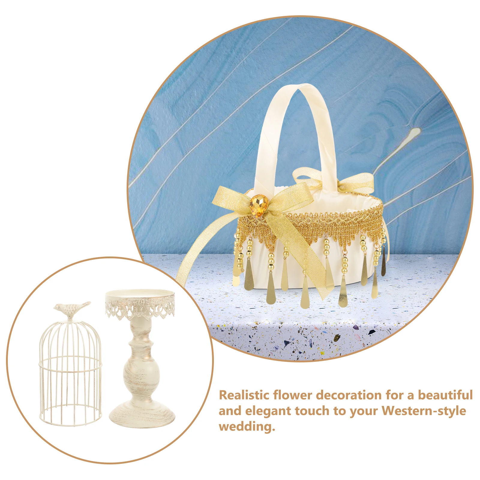 

Western Style Wedding Flower Girl Basket Golden Realistic PU Satin Lace Small H Baskets for Ceremonies Decor Storage