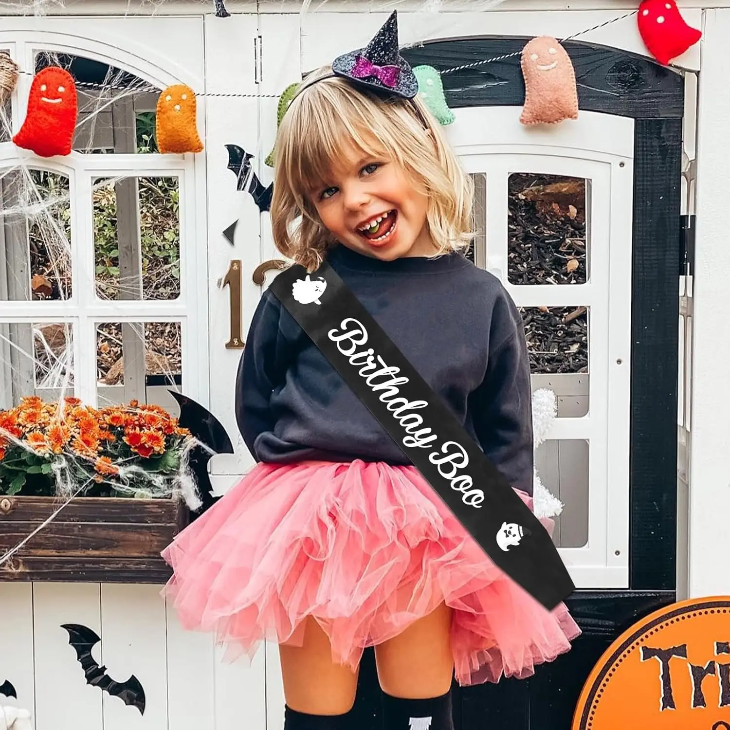 Funmemoir Birthday Boo Sash for Boys Girls Men Women - Black Decorations, Halloween Themed Happy Birthday Boo Party Supplies