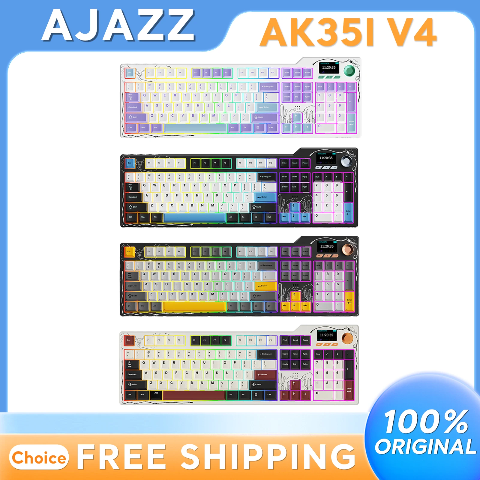 

AJAZZ AK35I V4 Mechanical Keyboard 104-Key Three-Mode Wireless Gaming With Screen 2.4G/Bluetooth/Wired For Computer Office