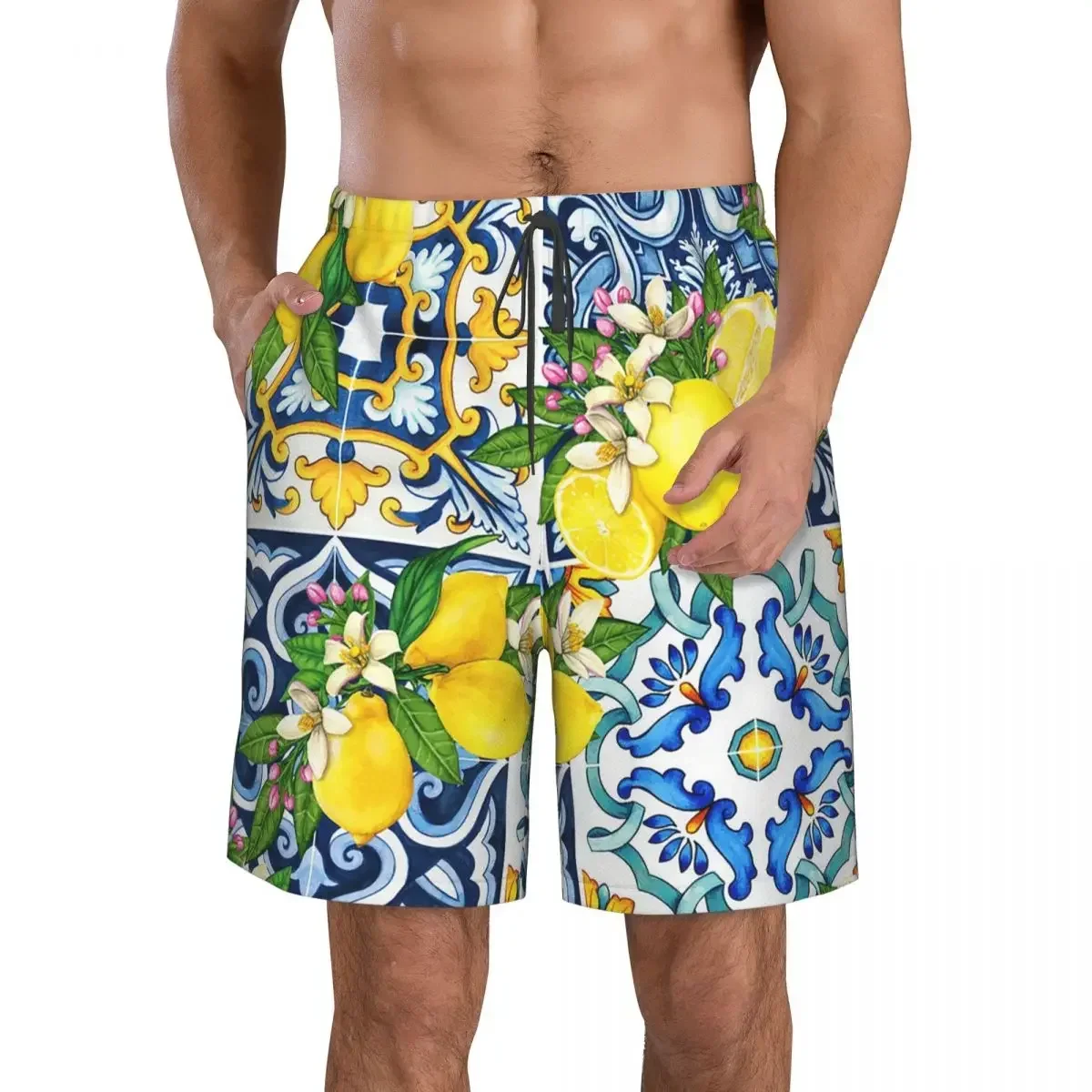 Bright Mediterranean Sicilian Tiles With Citrus Lemons Trunks Beach Board Shorts Casual Quick Dry Swim Summer Men Pants