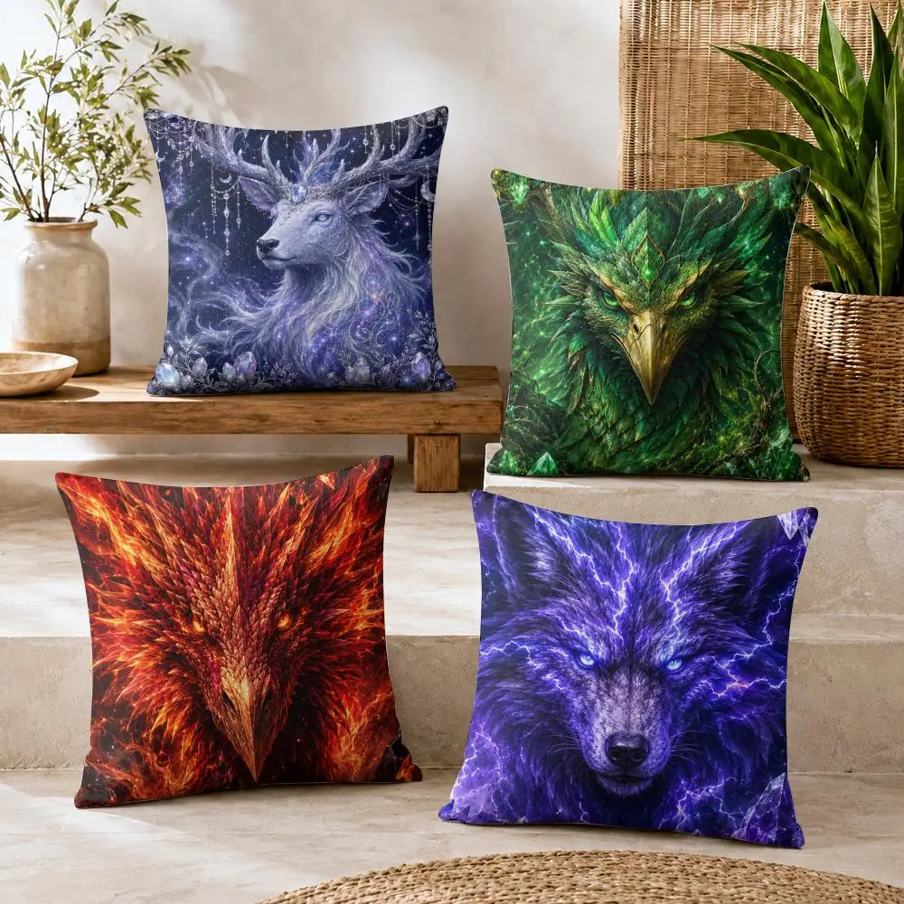 Mystic Elemental Animal Cushion Cover Summer Coolness Linen Organic Fabric Sofa Pillow Case Double-Sided Printing Home Decor