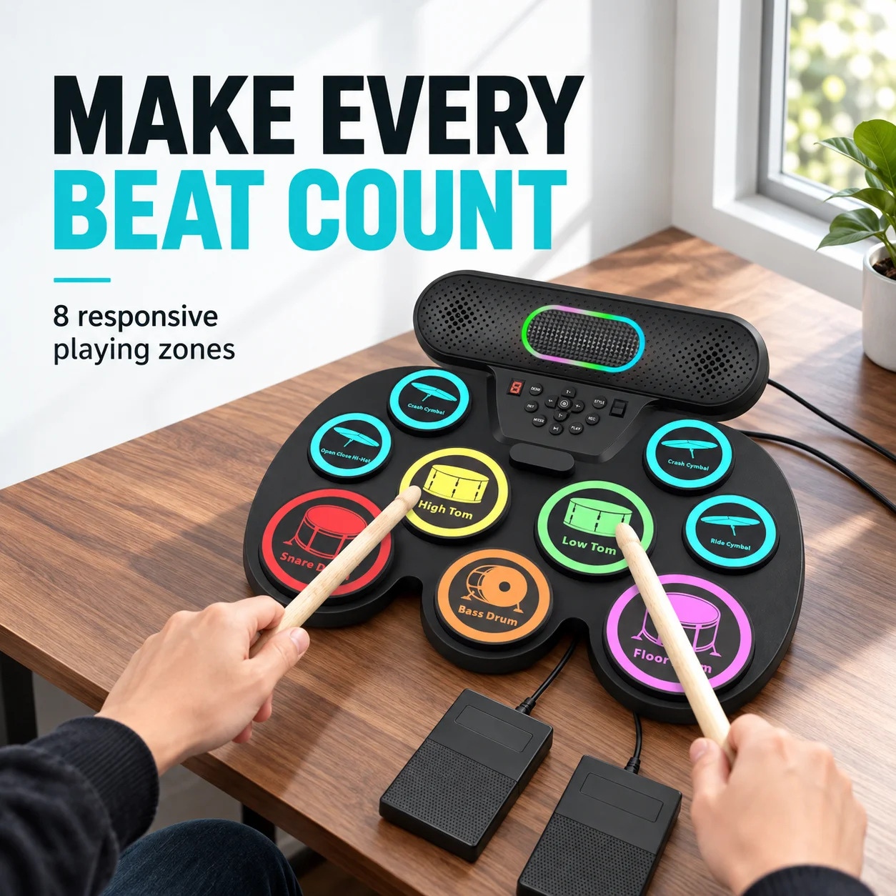 9 Pads Roll Up Electronic Drum Set Portable Silicone Electric Drum Kit Bluetooth Built-in Speaker Foot Pedals Drum Sticks MIDI S