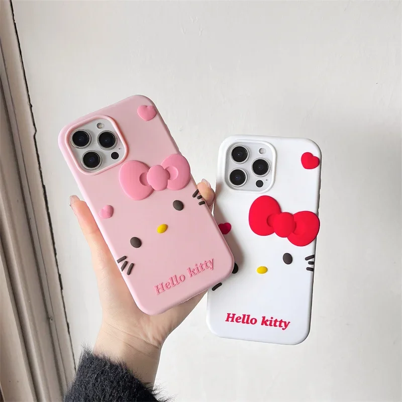 

Мягкий силиконовый чехол для телефона Kawaii с милым мультяшным бантом «Hello Kitty» для iPhone 16, 15, 14, 13 Pro Max, противоударный защитный чехол