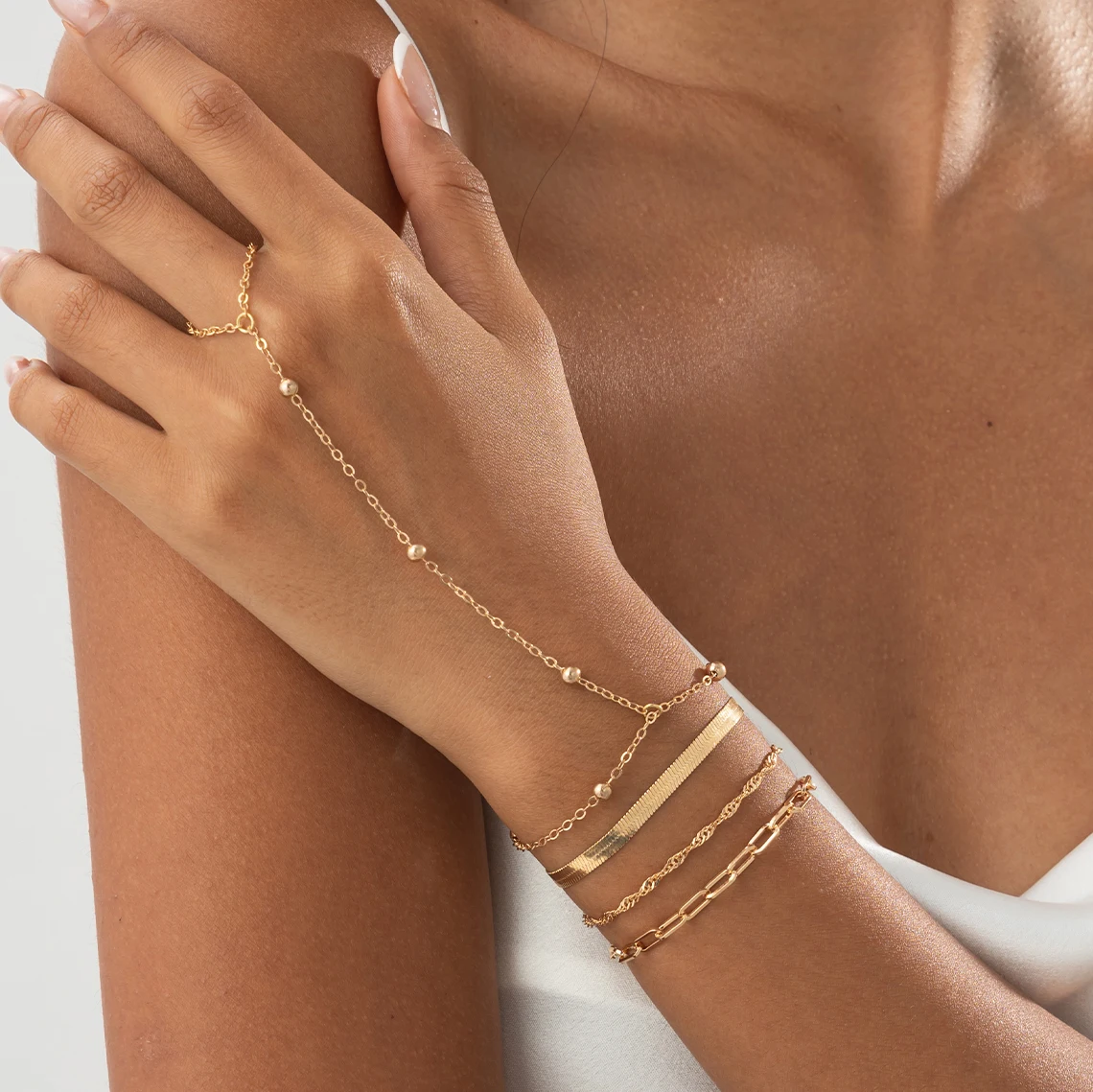 Ingemark 4Pcs/Set Vintage Connect Finger Chain Bracelets for Women on Hand Goth Gold Color Snake Chain Bangles Wedding Jewelry