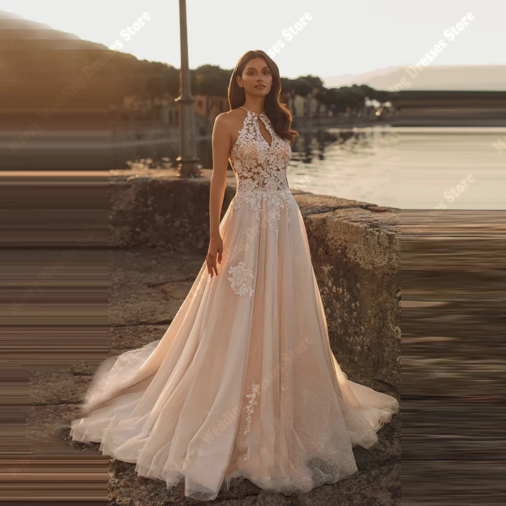 

Elegant Halter Neck Women Wedding Dresses Gorgeous A-Line Sleeveless Bridal Gowns Mopping Length Party Robe De Mariée Customized