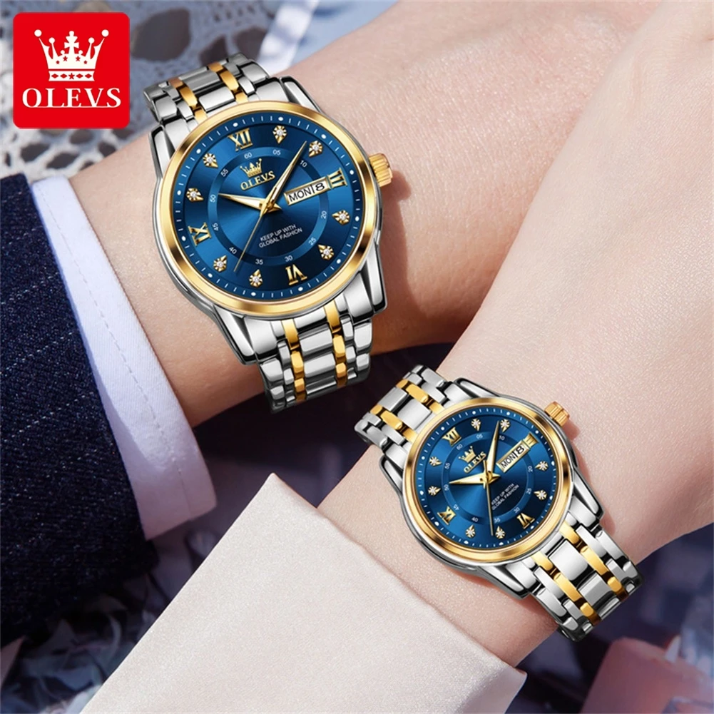 Olevs 5513 Fashion Couple Horloge Roestvrij Staal Waterdichte Dubbele Kalender Trendy Quartz Horloge Voor Mannen En Vrouwen Origineel Horloge