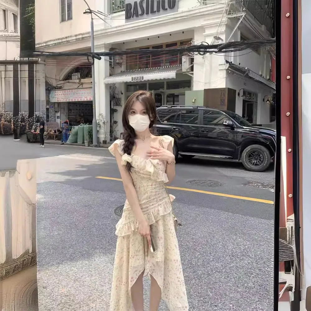 Ele Stampa floreale ter Dr Summer Fairy Gonna lunga Design Sweet Flng Sve Ultra Fairy Sle A-Line Midi Dr