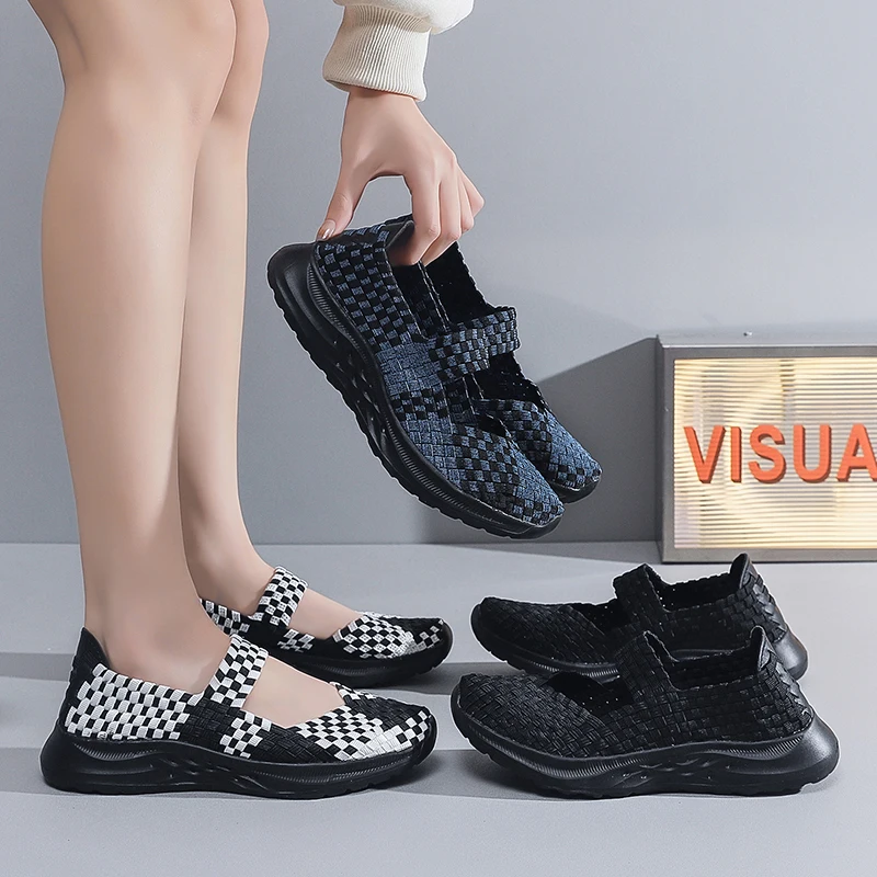 Women Running Sneakers Shoes Summer Breathable Walking Woven Shoe Anti-slip Handmade Weave Lightweight Female Flats Casual Shoe.