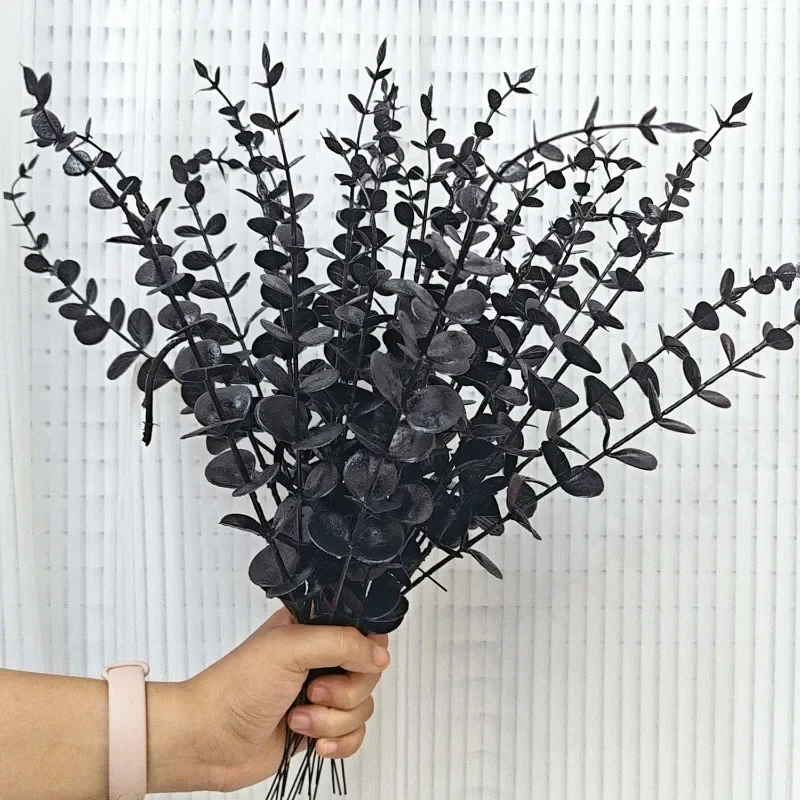 50/10x فروع الأوكالبتوس الاصطناعية السوداء محاكاة الزهور ينبع هالوين الشكر الحلي DIY بها بنفسك ديكور المنزل الجدول #5