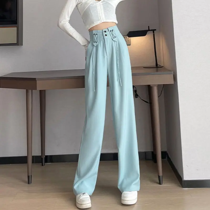 Fashion Elastic Lace Up Folds Solid Color Straight Casual Pants Female Clothing 2024 Summer Loose Korean High Waist Trousers