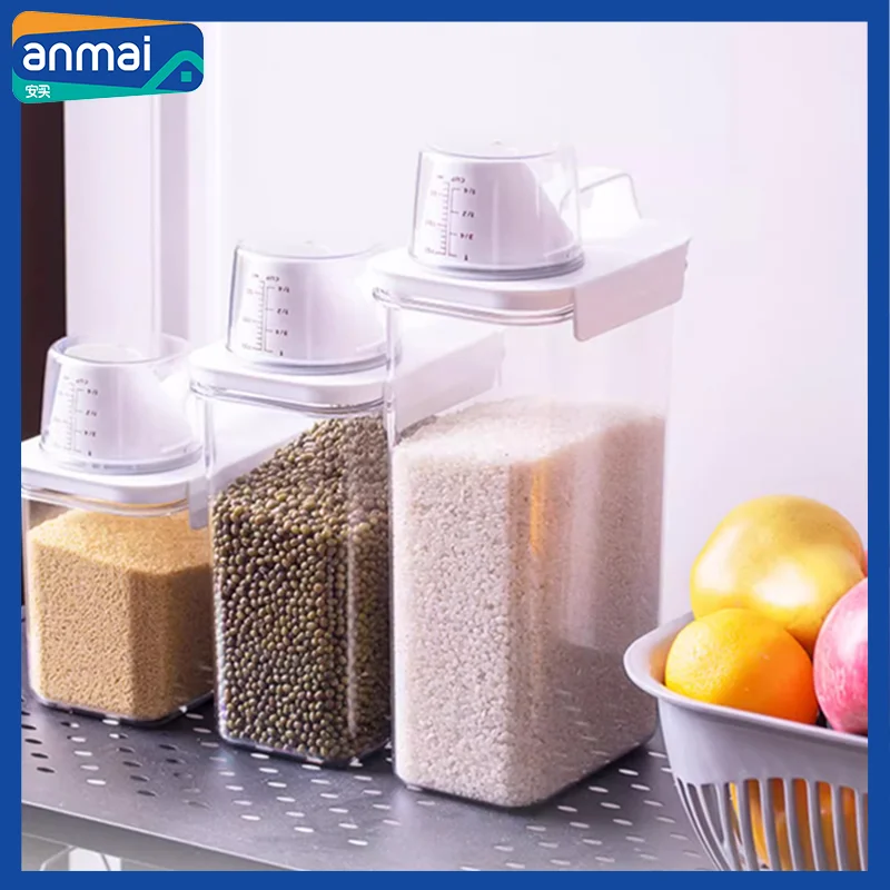 Anmai Cereal Tanks Storage Box with Measuring Cup Airtight Sealed Food Container Set Transparent Cans Lids Kitchen Organization