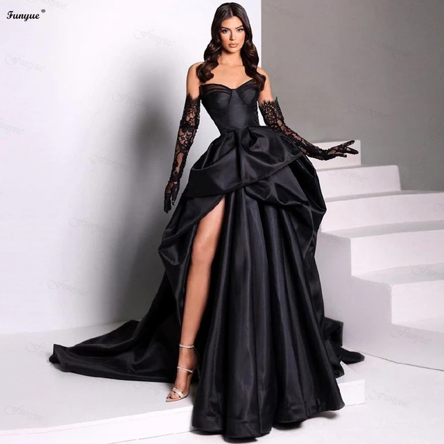 Funyue Sexy Black Prom Dresses Long Satin Pleat Ruched Sweetheart Pageant  Formal Evening Gowns High Slit Vestidos De Gala - Prom Dresses - AliExpress