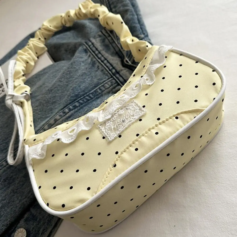 Niedliche Spitzen-Schultertasche mit Tupfenmuster, Süße Unterarmtasche mit Schleife, Y2k Mode, Lässige Schultertasche, Umhängetasche – Detail 23