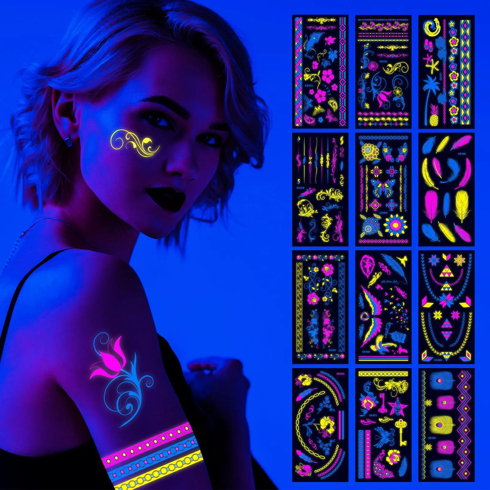 4Sheet Neon UV Blacklight Tattoos Glow in The Dark Party Supplies Waterproof Body Face Fake Tattoos Women Woman Rave Accessories