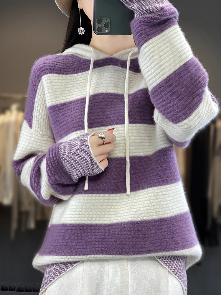 

Осень-зима, женская толстовка из 100% мериносовой шерсти, полосатая свободная повседневная модная толстовка с капюшоном, вязаный кашемировый свитер