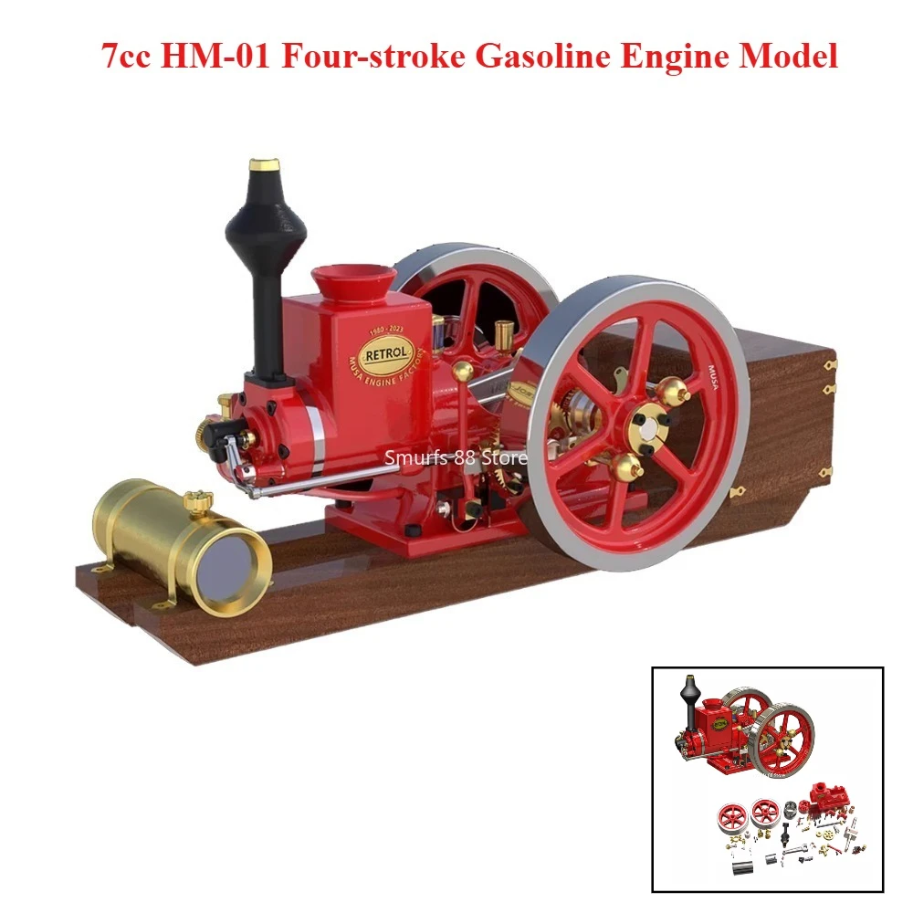 MUSA HM-01 Horizontal Engine Model Metal 7CC Four-stroke Water-cooled Internal Combustion Engine Model with Base Model Toys