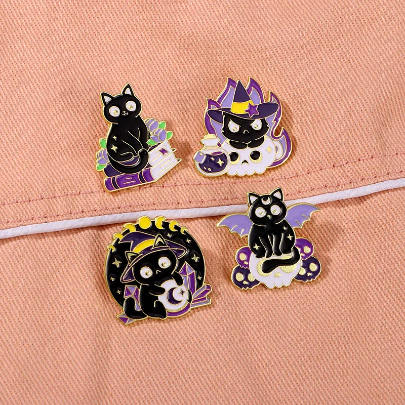 Black Cat Hard Enamel Pins Magic Hat Book Wing Kitty Brooches For Backpack Hat Bag Pet Lovers Halloween Gift Wholesale