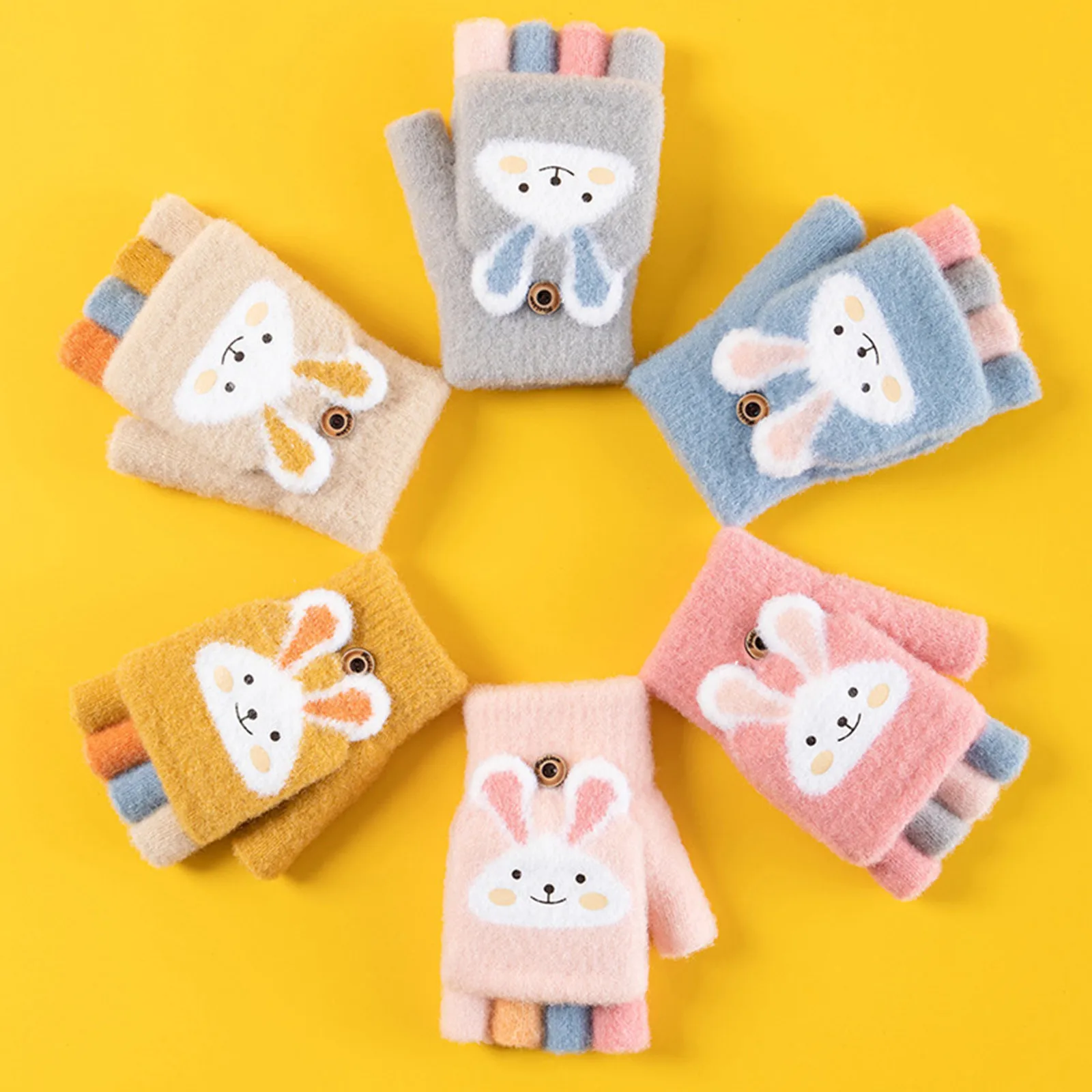 Soft Half Finger Cover Gloves For Toddler Kids Children Knit Cartoon Rabbit Winter Warm Baby Boy Girls Fingerless Gloves Mittens