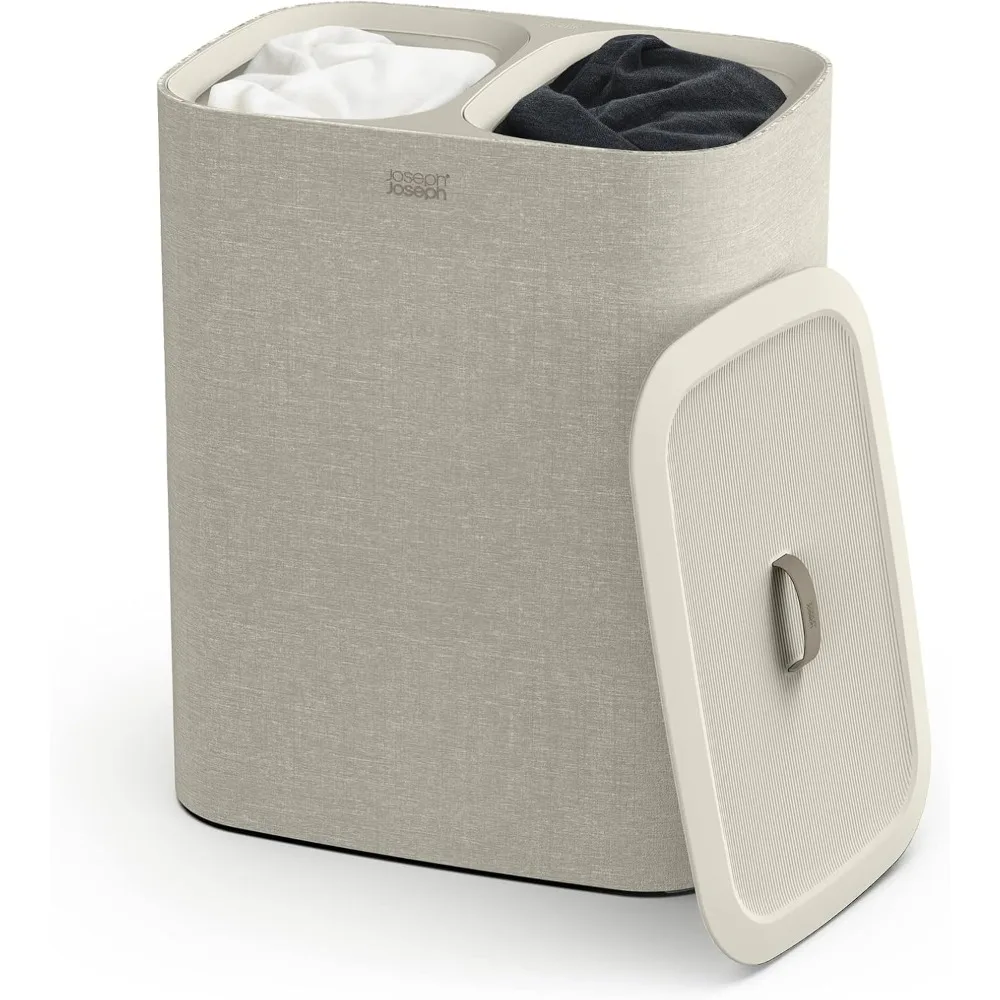 Tota 90-liter Laundry Hamper Separation Basket with lid, 2 Removable Washing Bags with Handles- Ecru