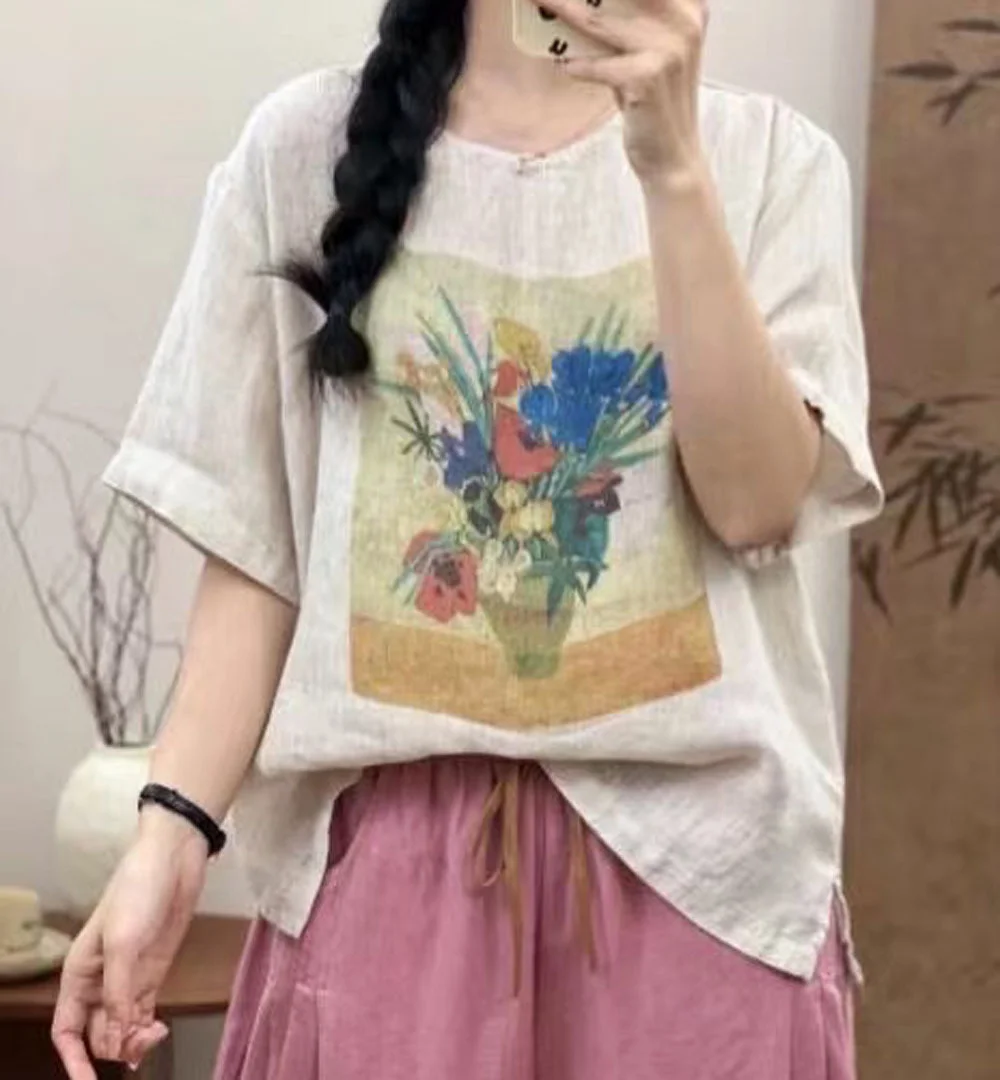 Cotton linen oversize short sleeve shirt women summer Japanese style vintage loose print t shirt plus size women\'s clothing