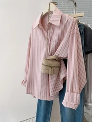 Women Pink Striped Print Button Up Shirt Harajuku Vintage Simple Casual Lapel Blouse Long Sleeve Loose Tops