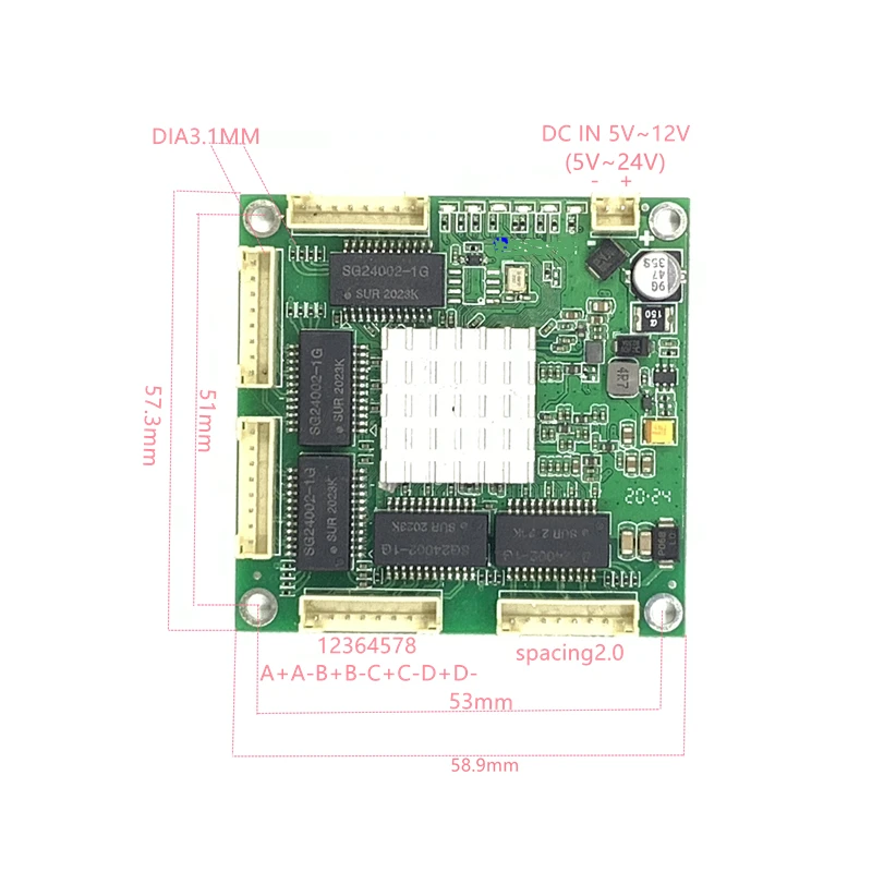 Módulo integrado dc 5v 12v16v 18v 24v 1a-3a do interruptor dos ethernet do gigabit do porto de 10/100/1000m 5 no interruptor industrial dos ethernet