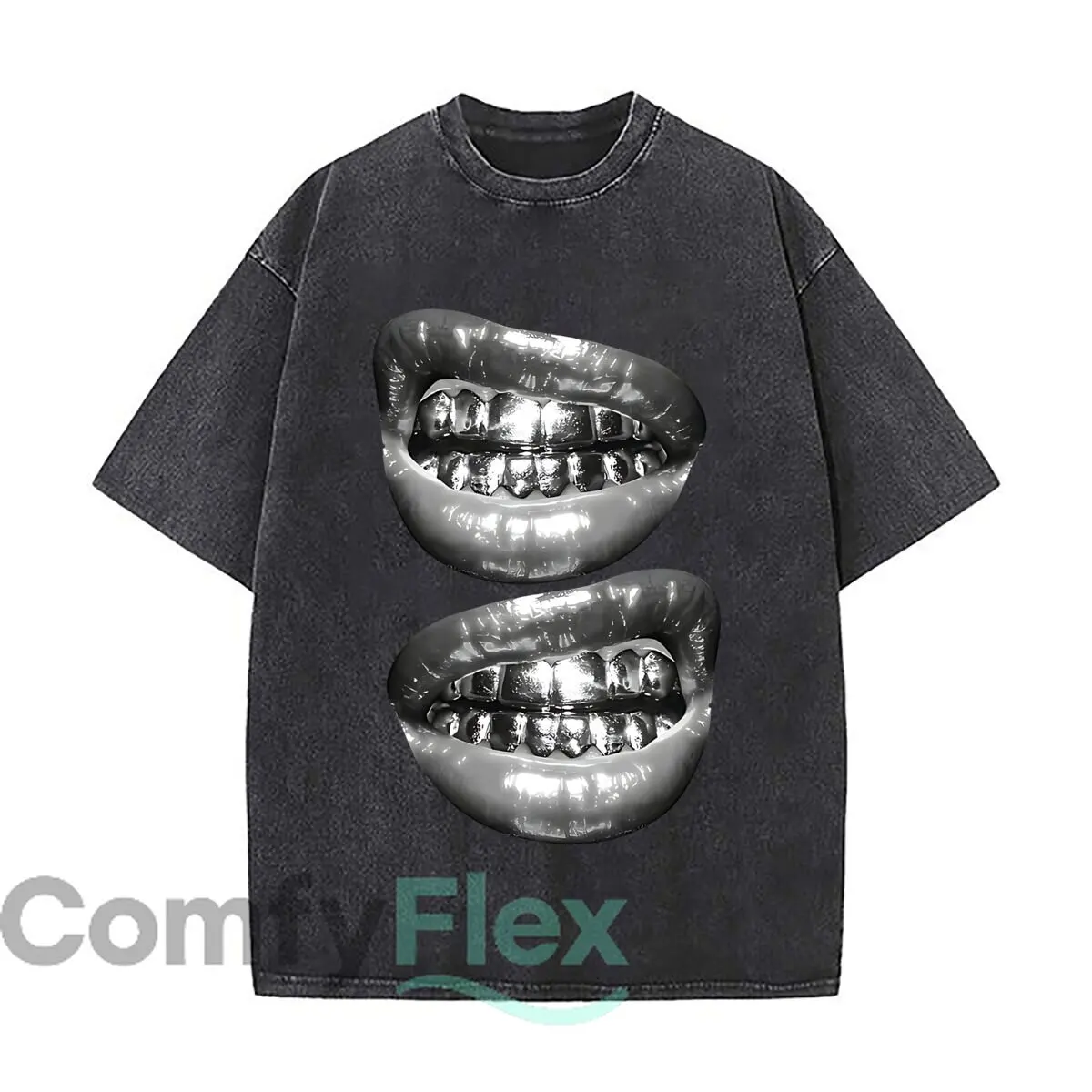 Silver Metal Grillz Hip - Hop Party Jewelry Distressed Faded Baggy Streetwear Tops for Park Hangouts