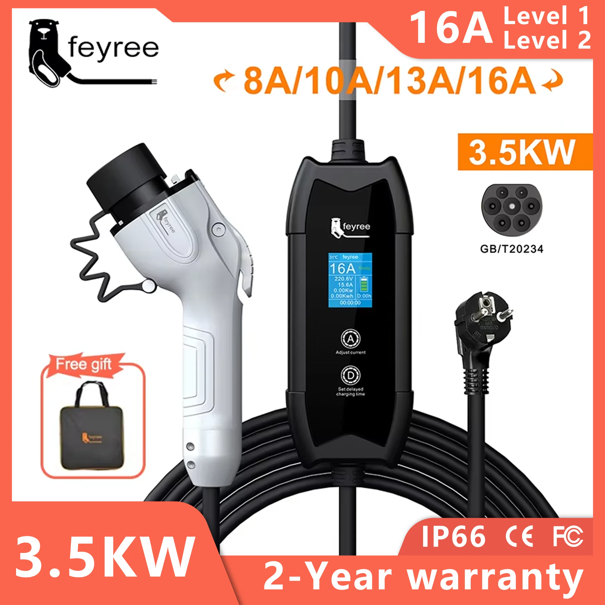 feyree EV Portable Charger Type2 / GB/T Plug Connector 16A 1Phase 3.5KW Type1 3.5m Wallbox Charging Station for Electric Vehicle