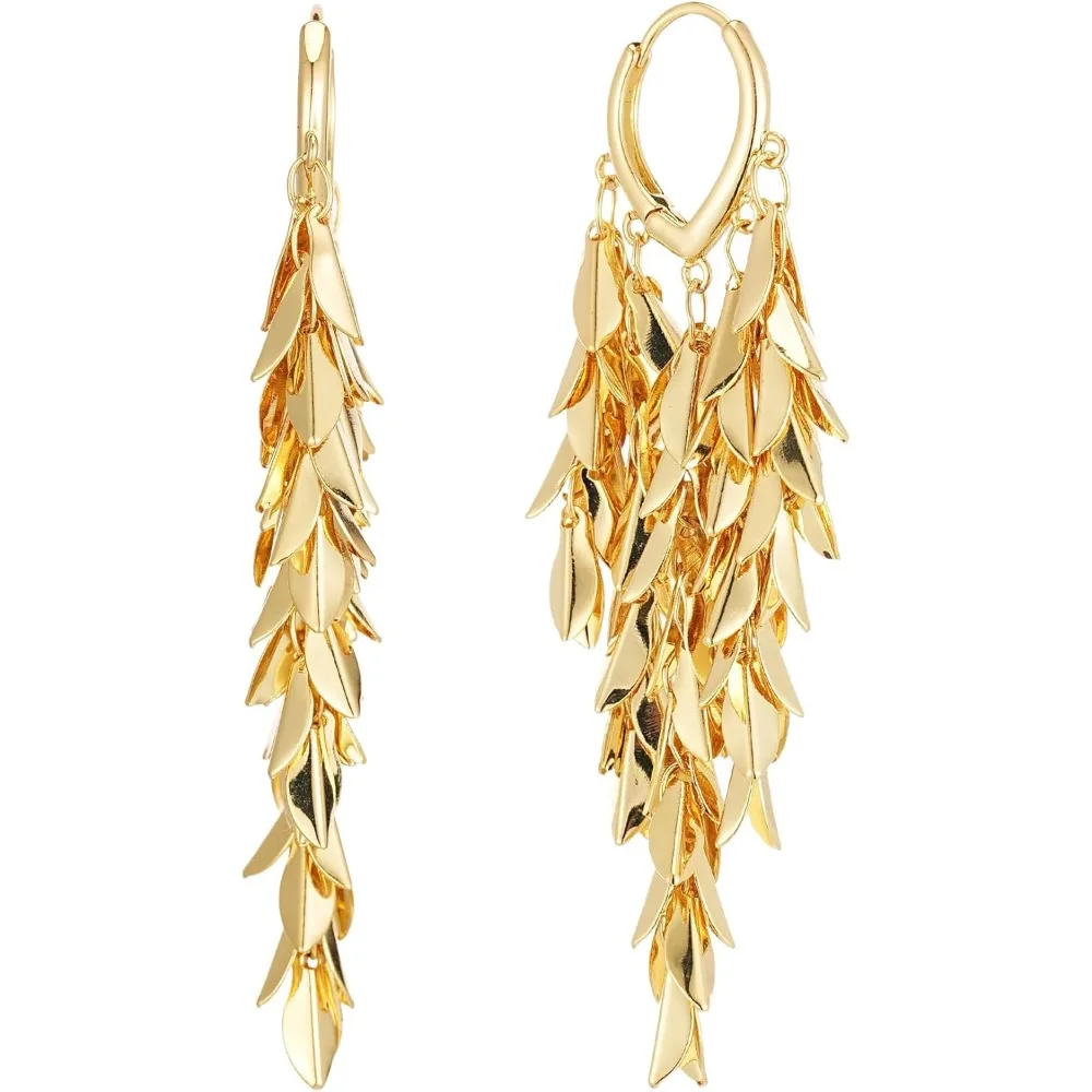 

Long Tassel Leaf Dangle Drop Earrings 14K 18K Gold Plated Silver Huggie Wedding Everyday Gift